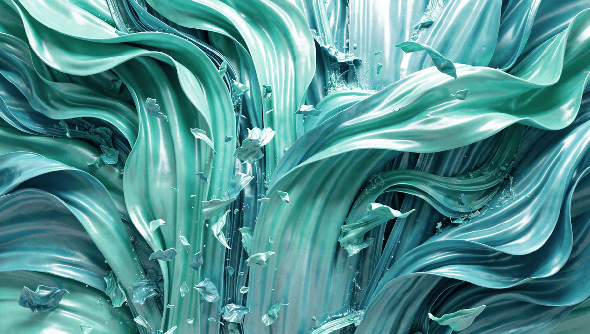 Jade Current biomorphic abstraction with mint ribbons, deep jade folds and crystal-like fragments