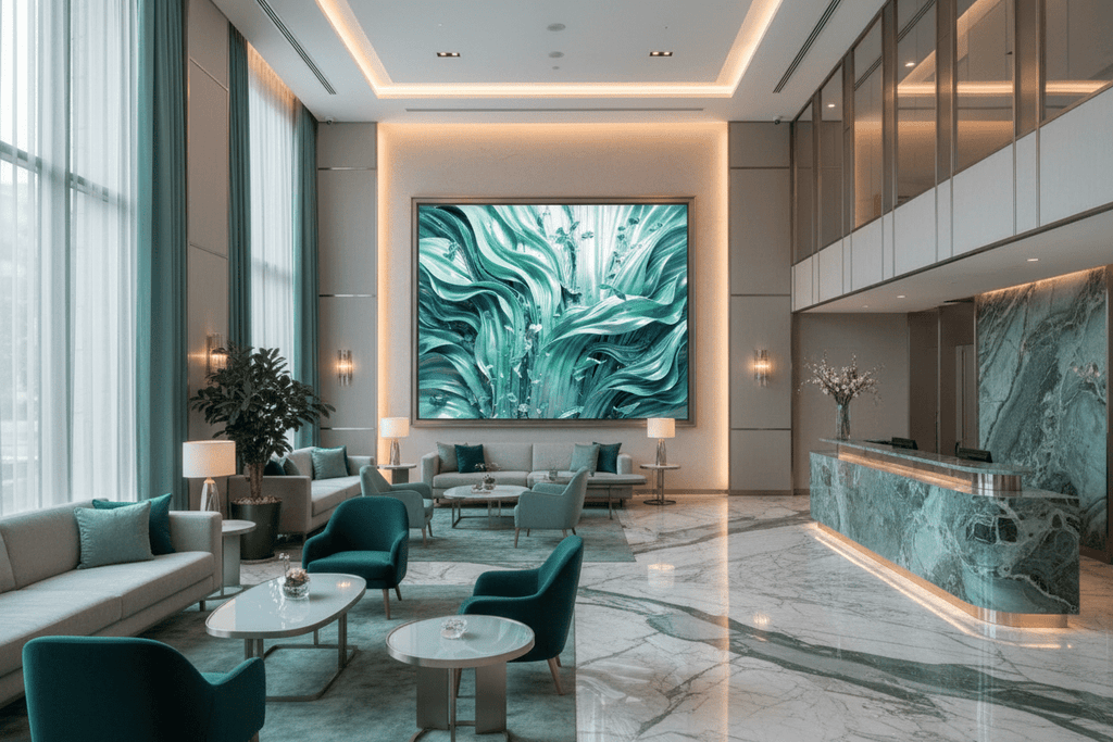 Jade Current jade and turquoise biomorphic artwork in a luxury hotel lobby