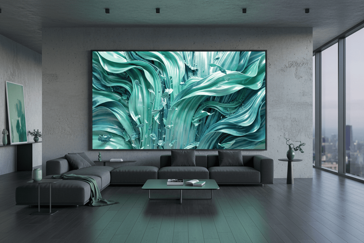Jade Current mint and jade biomorphic artwork in a modern industrial loft