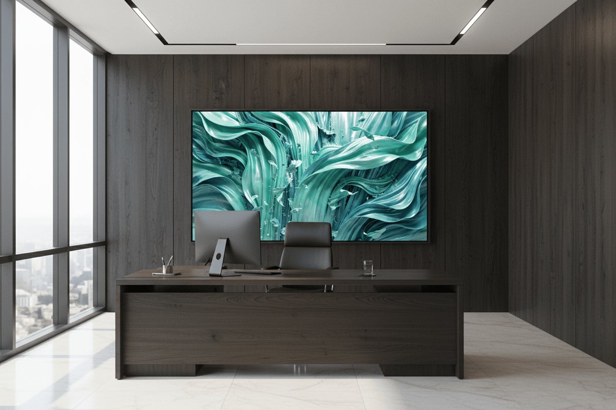 Jade Current mint and jade abstract artwork in a modern executive office