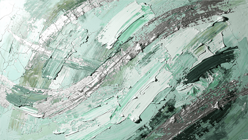 Jade Fracture textural abstraction with mint, sage, graphite and silver curved ridges