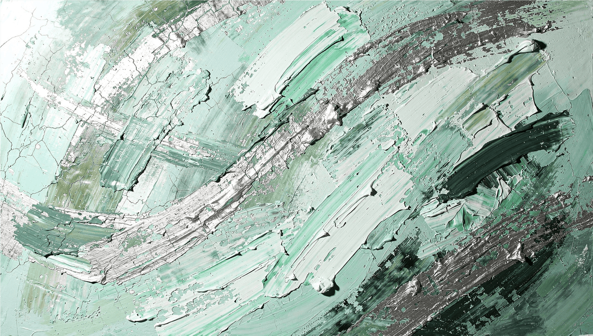 Jade Fracture textural abstraction with mint, sage, graphite and silver curved ridges