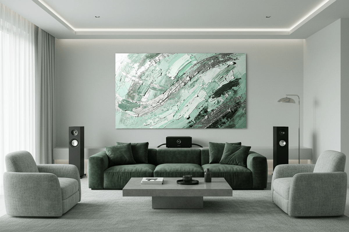 Jade Fracture mint and sage artwork in a bright contemporary living room
