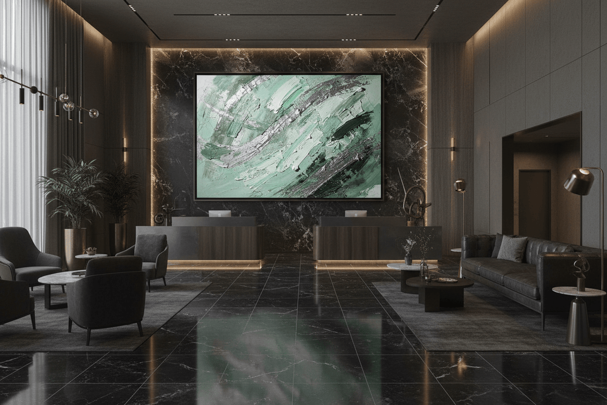 Jade Fracture mint, graphite and silver artwork in a luxury hotel lobby