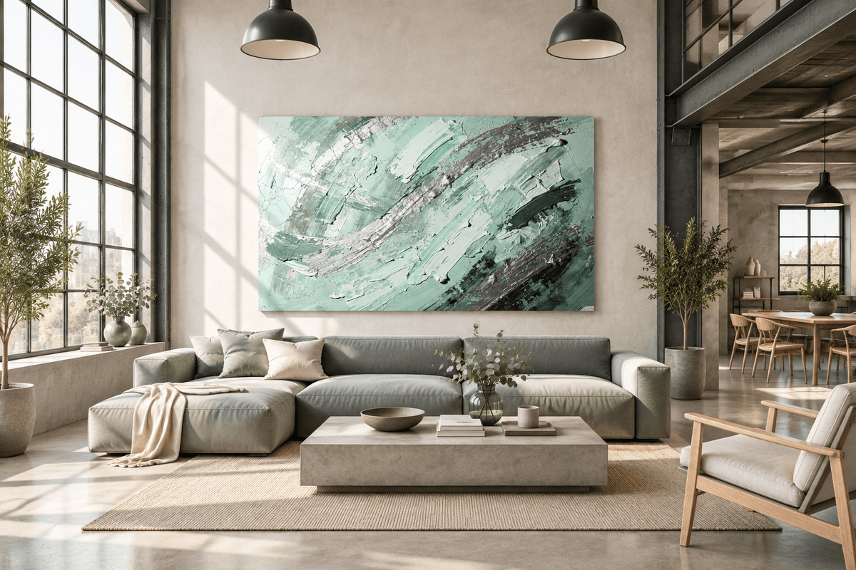 Jade Fracture textural abstraction with mint, sage, graphite and silver curved ridges in an industrial loft
