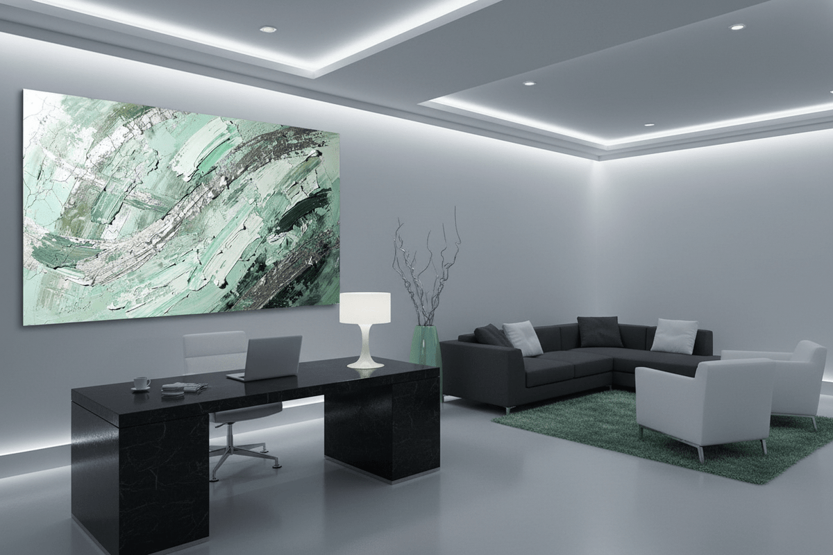Jade Fracture green and silver textural abstraction in a modern executive office