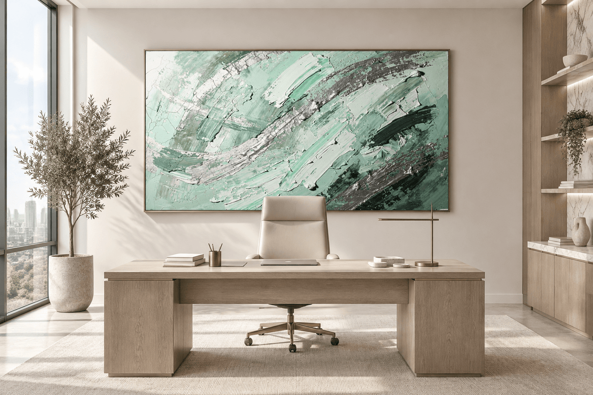 Jade Fracture textural abstraction with mint, sage, graphite and silver curved ridges in an executive office