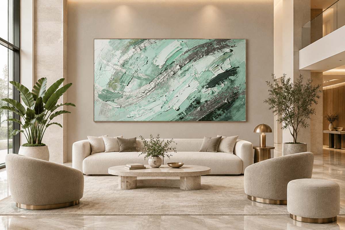 Jade Fracture textural abstraction with mint, sage, graphite and silver curved ridges in a stylish modern hotel lobby