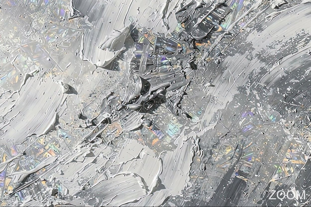 Zoom detail of Chrome Reverie biomorphic abstraction with silver, graphite and iridescent chrome relief