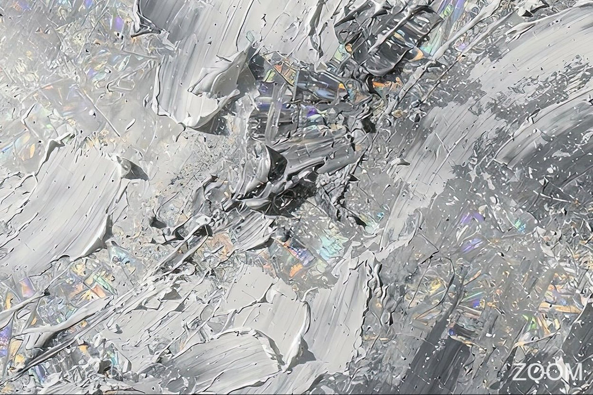 Zoom detail of Chrome Reverie biomorphic abstraction with silver, graphite and iridescent chrome relief