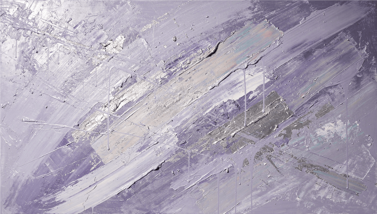 Lavender Strike expressive impasto abstraction with lavender, pearl white and silver diagonal layers
