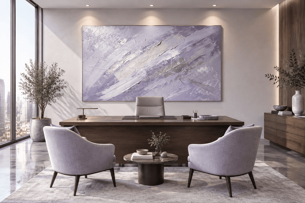 Lavender Strike expressive impasto abstraction with lavender, pearl white and silver diagonal layers in an executive office