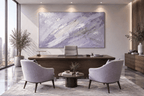 Lavender Strike expressive impasto abstraction with lavender, pearl white and silver diagonal layers in an executive office