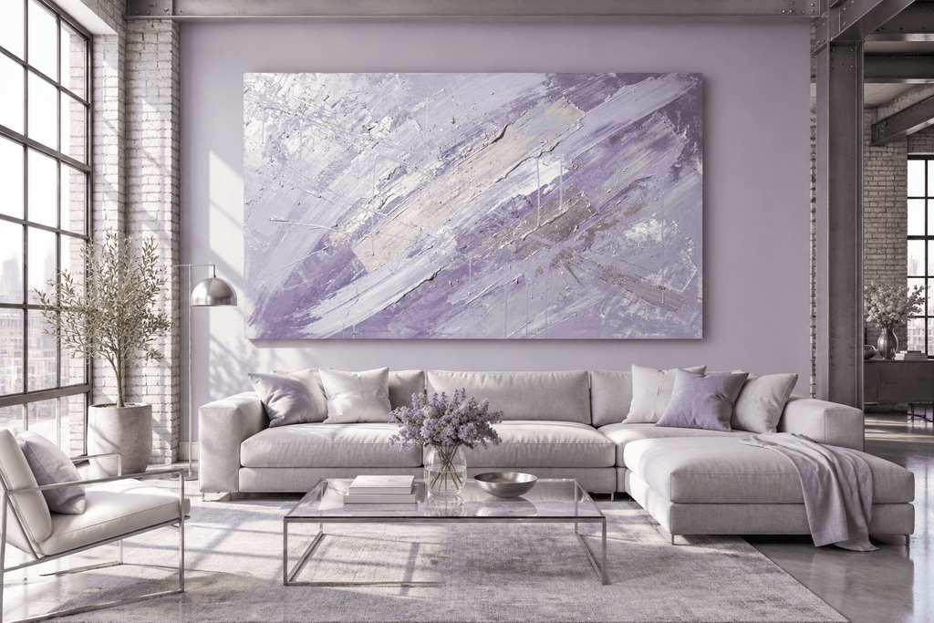 Lavender Strike expressive impasto abstraction with lavender, pearl white and silver diagonal layers in an industrial loft