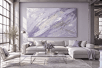 Lavender Strike expressive impasto abstraction with lavender, pearl white and silver diagonal layers in an industrial loft