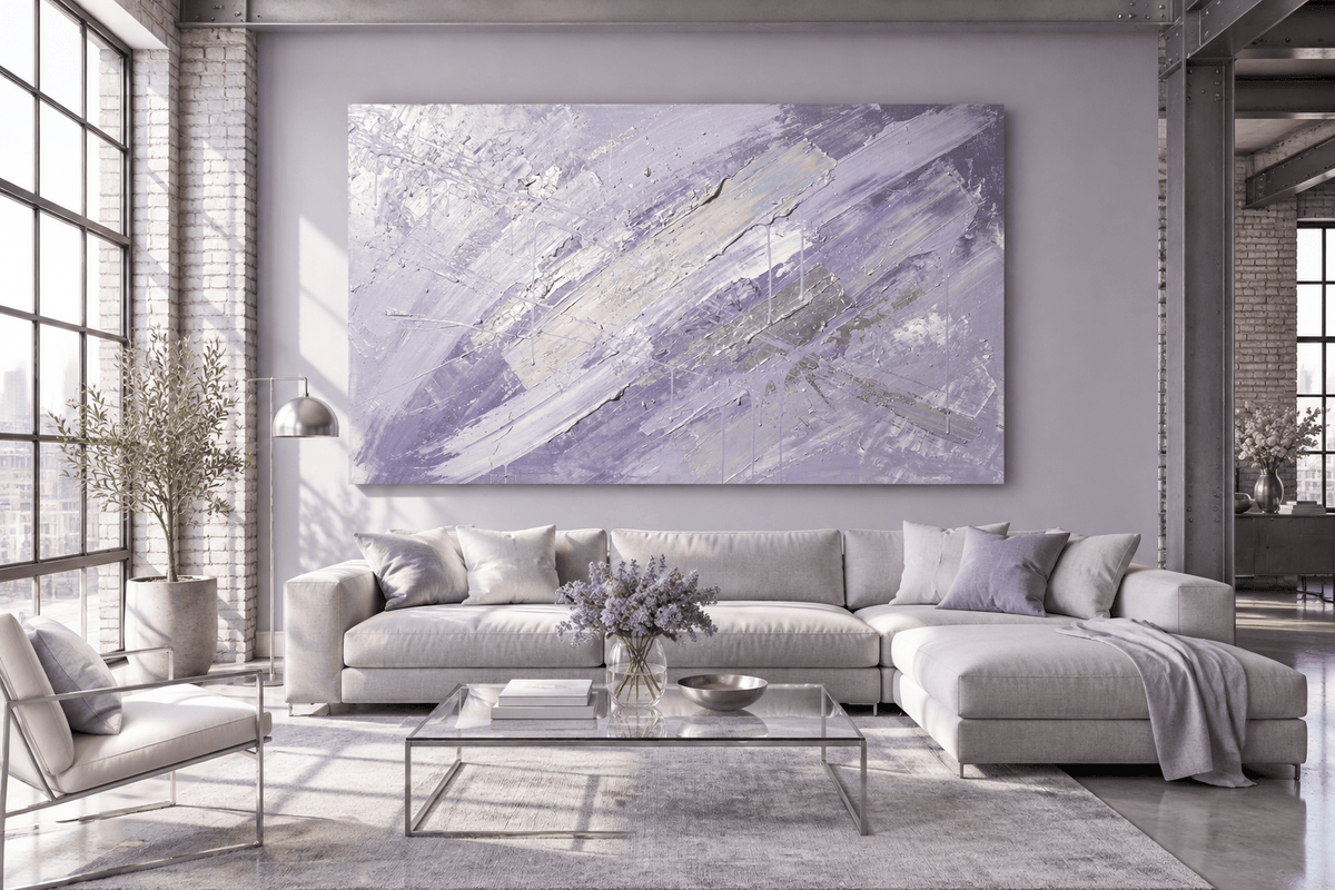 Lavender Strike expressive impasto abstraction with lavender, pearl white and silver diagonal layers in an industrial loft