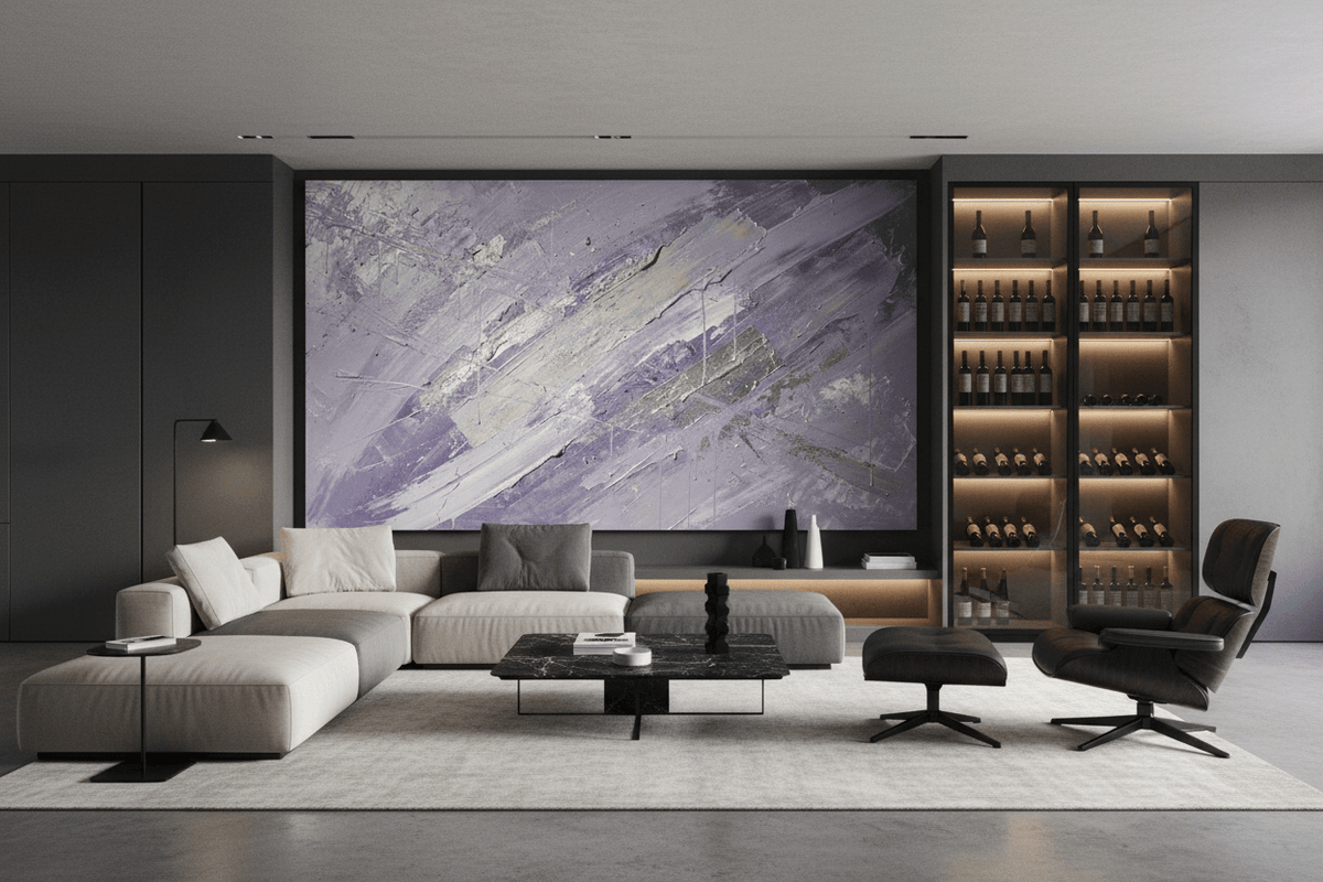 Lavender Strike violet and silver textural abstraction in a modern industrial loft
