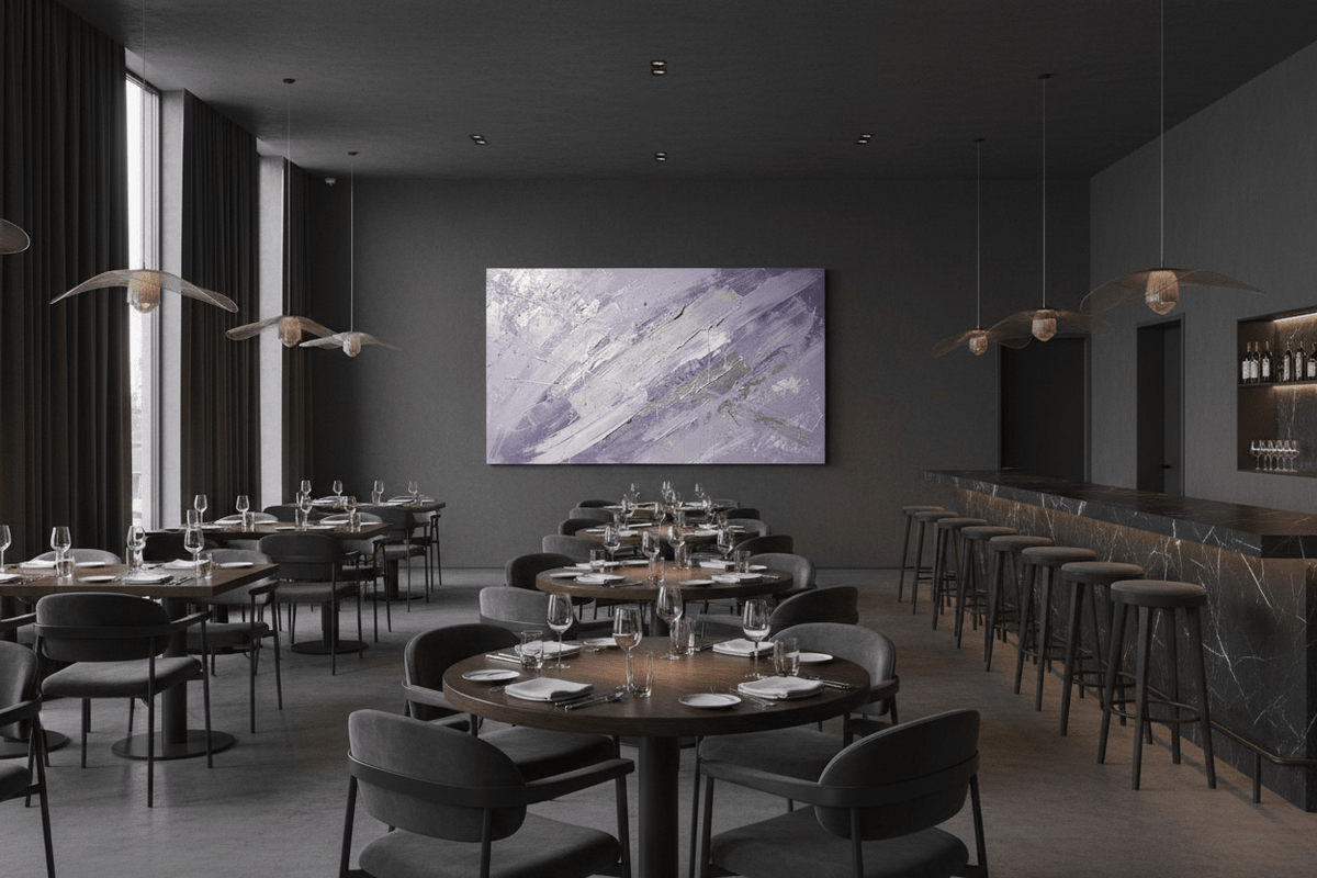 Lavender Strike lavender gestural artwork in an upscale restaurant