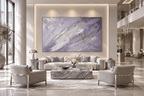 Lavender Strike expressive impasto abstraction with lavender, pearl white and silver diagonal layers in a stylish hotel lobby