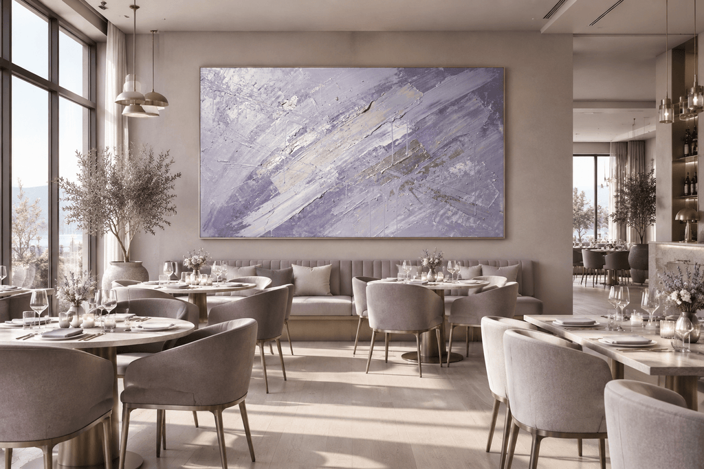 Lavender Strike expressive impasto abstraction with lavender, pearl white and silver diagonal layers in a modern restaurant
