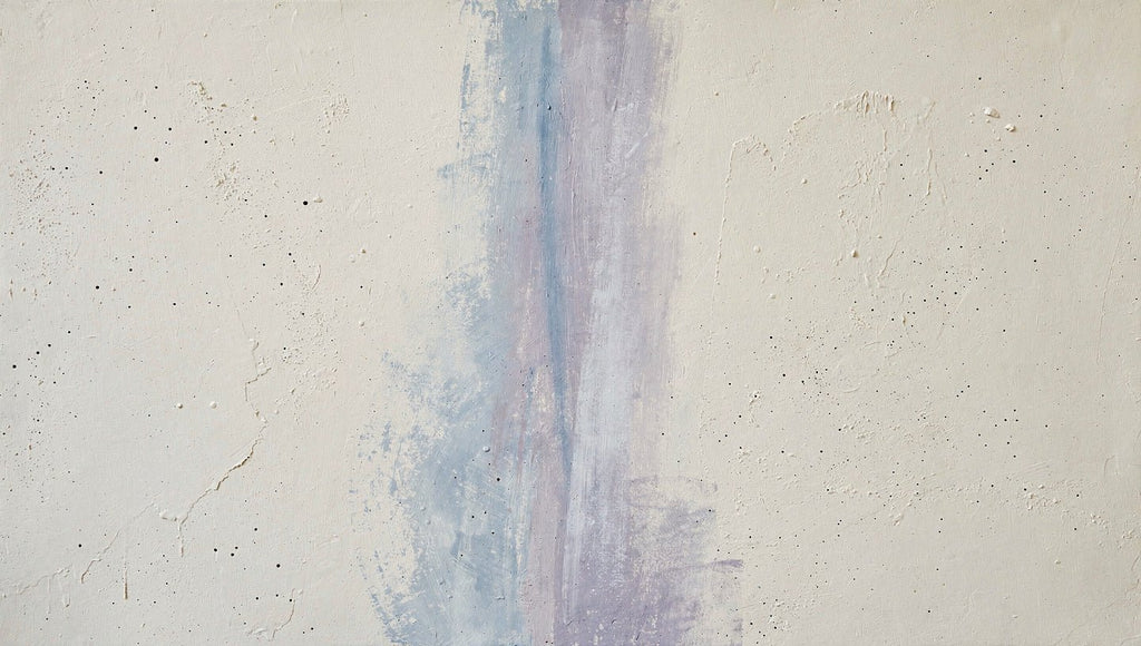 Lilac Interval abstract digital artwork with a weathered vertical wash of powder blue and muted lilac rising through a textured cream and chalk-white plaster field