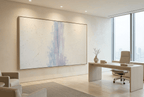 Lilac Interval abstract digital artwork with a weathered vertical wash of powder blue and muted lilac rising through a textured cream and chalk-white plaster field in an executive office