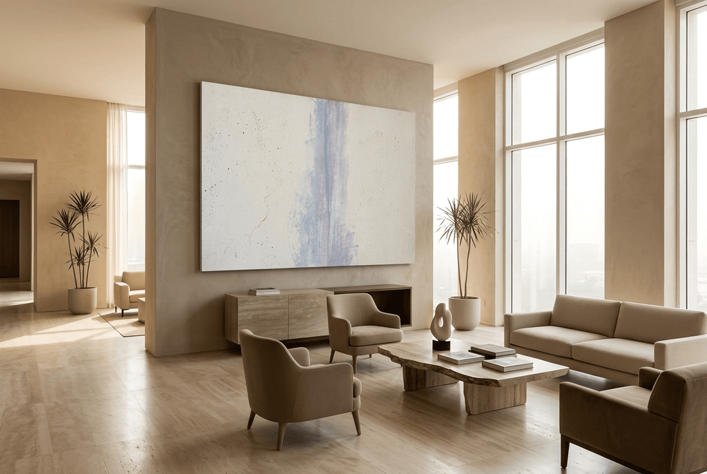Lilac Interval abstract digital artwork with a weathered vertical wash of powder blue and muted lilac rising through a textured cream and chalk-white plaster field in a modern hotel lobby