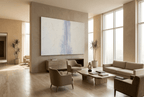 Lilac Interval abstract digital artwork with a weathered vertical wash of powder blue and muted lilac rising through a textured cream and chalk-white plaster field in a modern hotel lobby