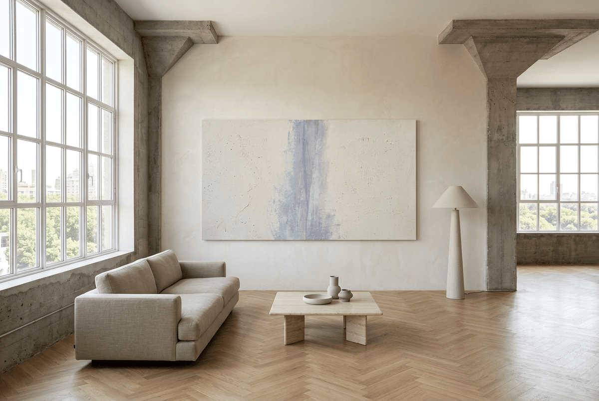 Lilac Interval abstract digital artwork with a weathered vertical wash of powder blue and muted lilac rising through a textured cream and chalk-white plaster field in an industrial loft