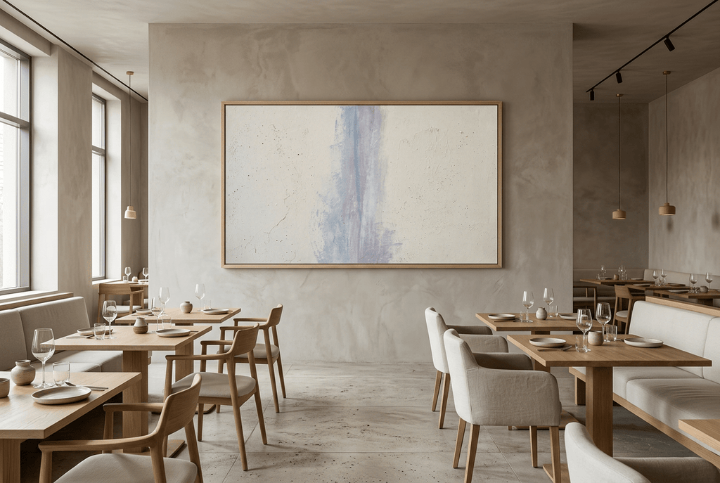 Lilac Interval abstract digital artwork with a weathered vertical wash of powder blue and muted lilac rising through a textured cream and chalk-white plaster field in a modern restaurant