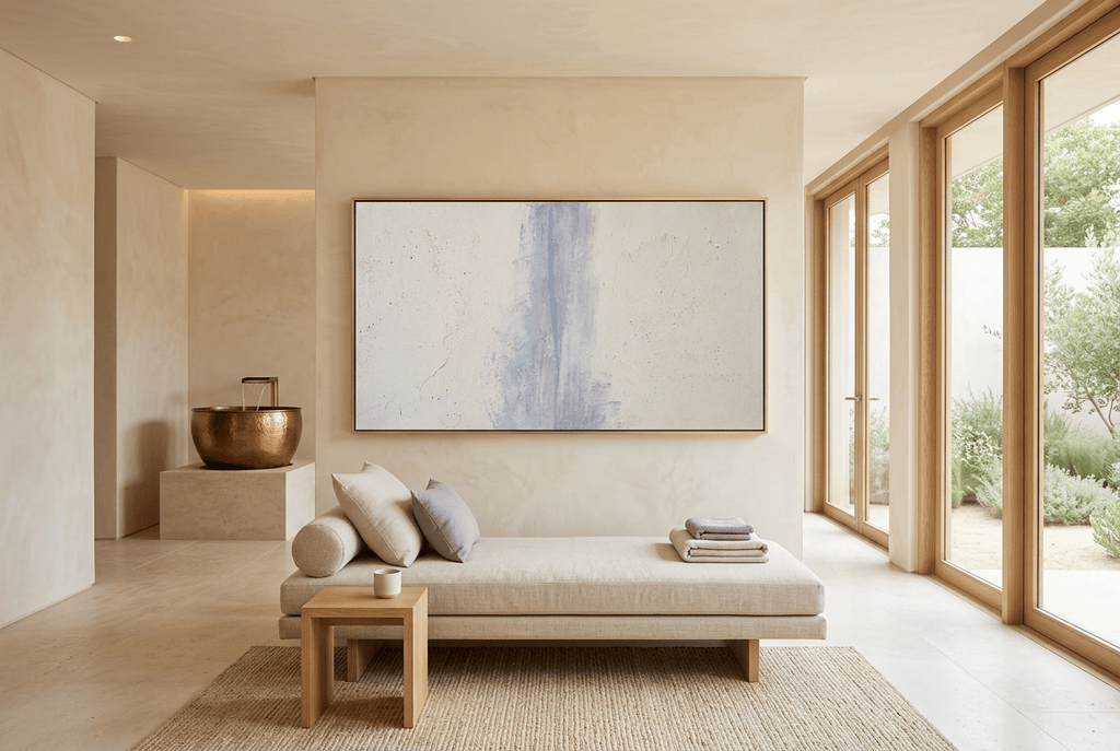 Lilac Interval abstract digital artwork with a weathered vertical wash of powder blue and muted lilac rising through a textured cream and chalk-white plaster field in a wellness spa