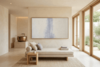 Lilac Interval abstract digital artwork with a weathered vertical wash of powder blue and muted lilac rising through a textured cream and chalk-white plaster field in a wellness spa