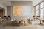 Lime Drift abstract artwork with textured ochre and terracotta pigment concentrated at left, a softened central vertical seam, and a broad chalk-white plaster-like field at right in an open-plan office