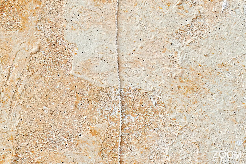 Zoom detail of Lime Drift abstract artwork with textured ochre and terracotta pigment concentrated at left, a softened central vertical seam, and a broad chalk-white plaster-like field at right