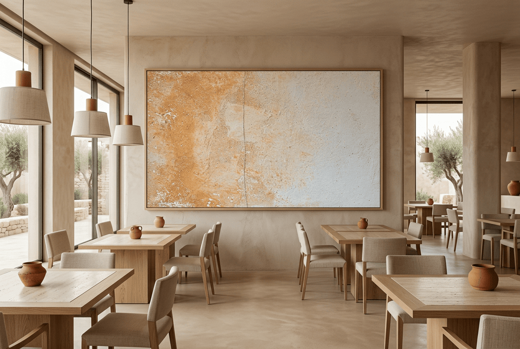 Lime Drift abstract artwork with textured ochre and terracotta pigment concentrated at left, a softened central vertical seam, and a broad chalk-white plaster-like field at right in a modern restaurant