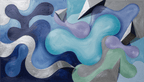 Liquid Geometry biomorphic abstract artwork with navy, aqua, lavender and silver triangular forms