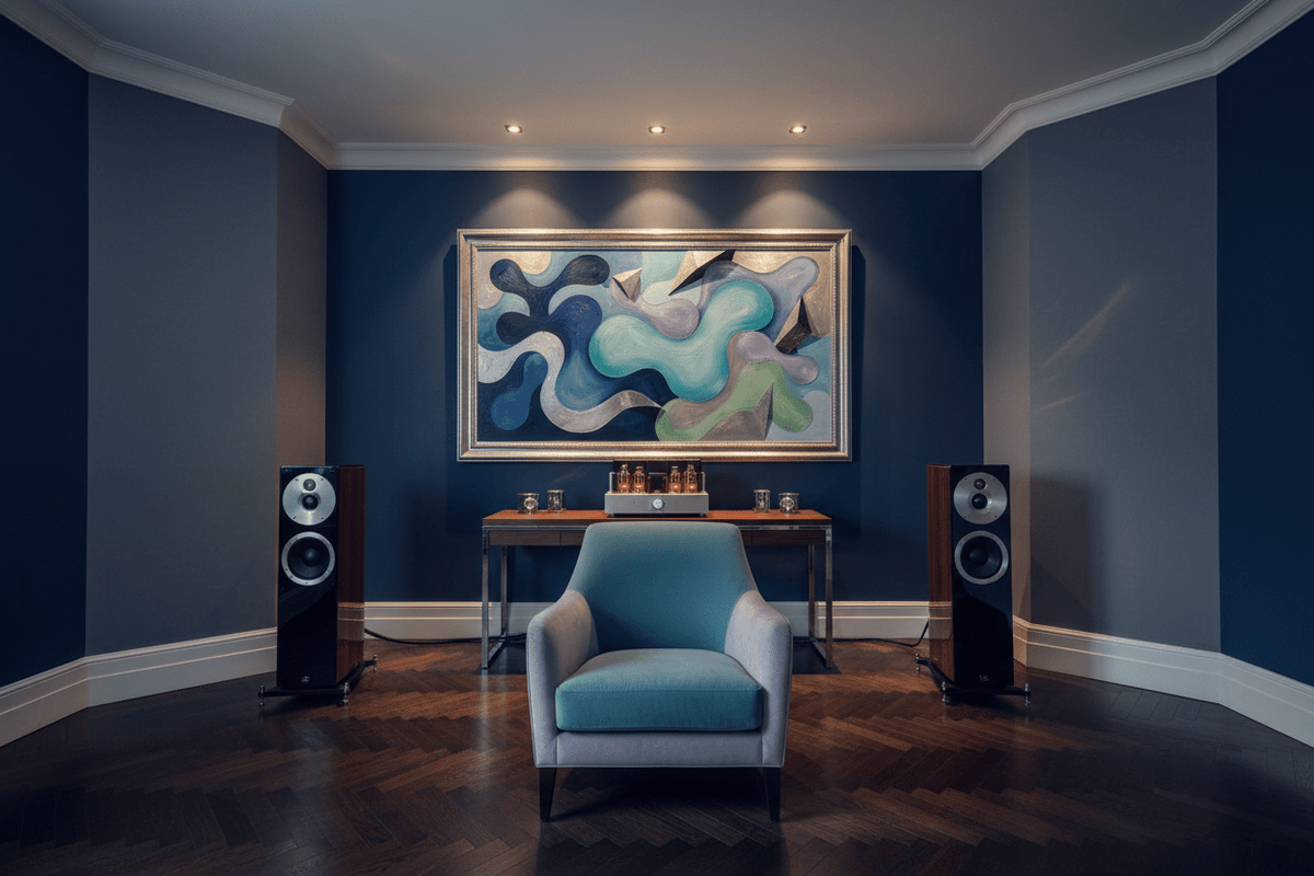 Liquid Geometry navy and aqua biomorphic artwork in a high-end HiFi living room