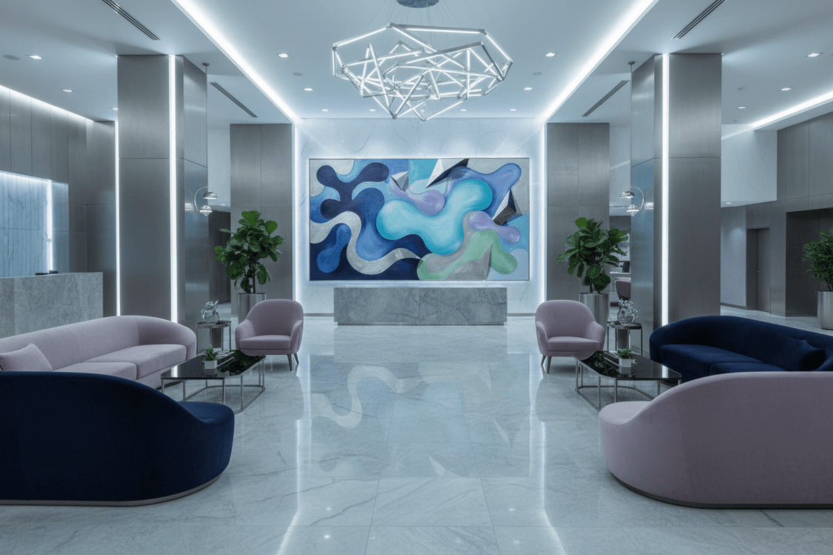Liquid Geometry navy and aqua biomorphic artwork in a luxury hotel lobby