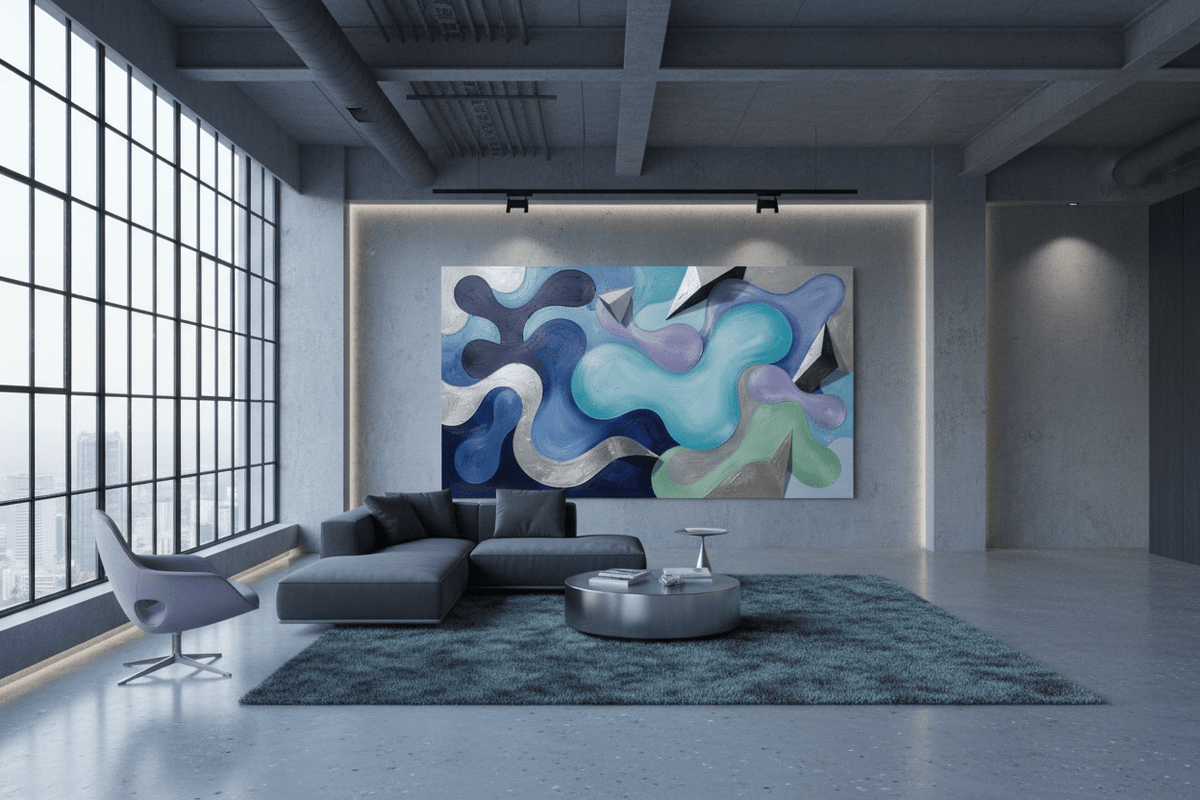 Liquid Geometry navy and aqua biomorphic artwork in a modern industrial loft
