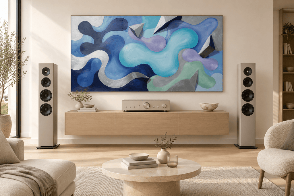 Liquid Geometry biomorphic abstract artwork with navy, aqua, lavender and silver triangular forms in a hi-end hifi living room