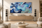 Liquid Geometry biomorphic abstract artwork with navy, aqua, lavender and silver triangular forms in a hi-end hifi living room