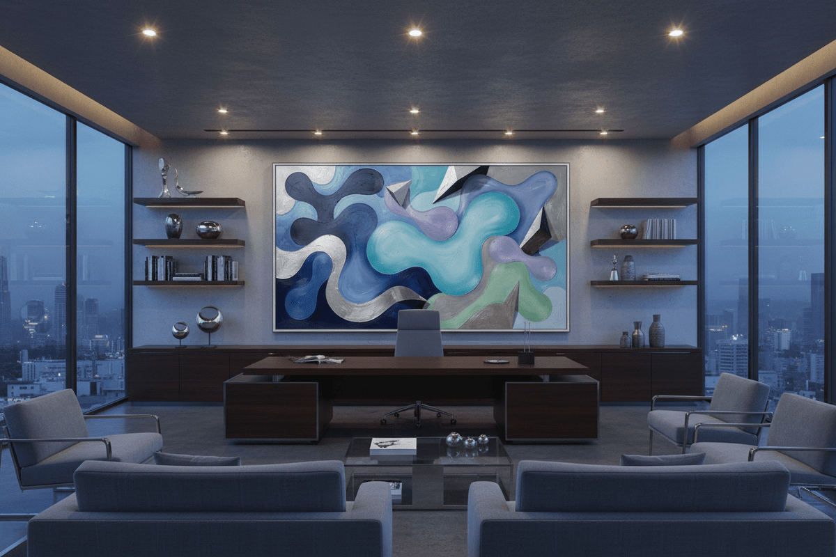 Liquid Geometry navy and aqua biomorphic artwork in a contemporary executive office
