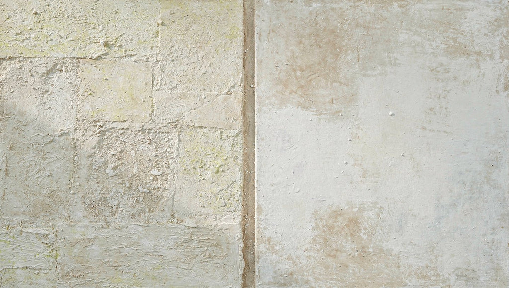 Masonry Interval abstract artwork with granular cream and limestone blocks, a narrow vertical stone seam, and a pale grey chalk field