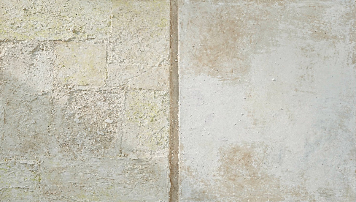 Masonry Interval abstract artwork with granular cream and limestone blocks, a narrow vertical stone seam, and a pale grey chalk field