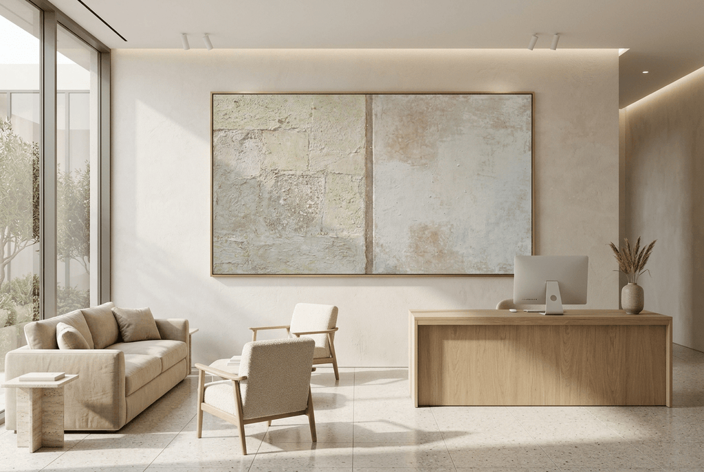 Masonry Interval abstract artwork with granular cream and limestone blocks, a narrow vertical stone seam, and a pale grey chalk field in a private clinic with reception and waiting area