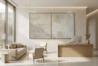Masonry Interval abstract artwork with granular cream and limestone blocks, a narrow vertical stone seam, and a pale grey chalk field in a private clinic with reception and waiting area