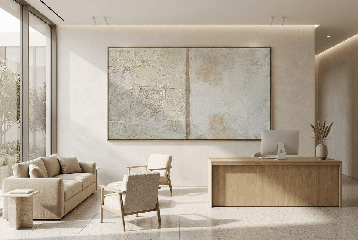 Masonry Interval abstract artwork with granular cream and limestone blocks, a narrow vertical stone seam, and a pale grey chalk field in a private clinic with reception and waiting area