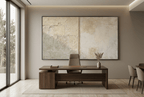 Masonry Interval abstract artwork with granular cream and limestone blocks, a narrow vertical stone seam, and a pale grey chalk field in an executive office