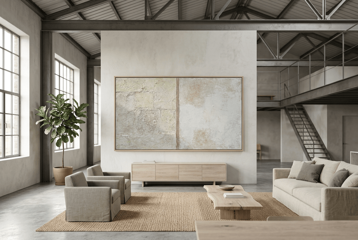 Masonry Interval abstract artwork with granular cream and limestone blocks, a narrow vertical stone seam, and a pale grey chalk field in an industrial loft