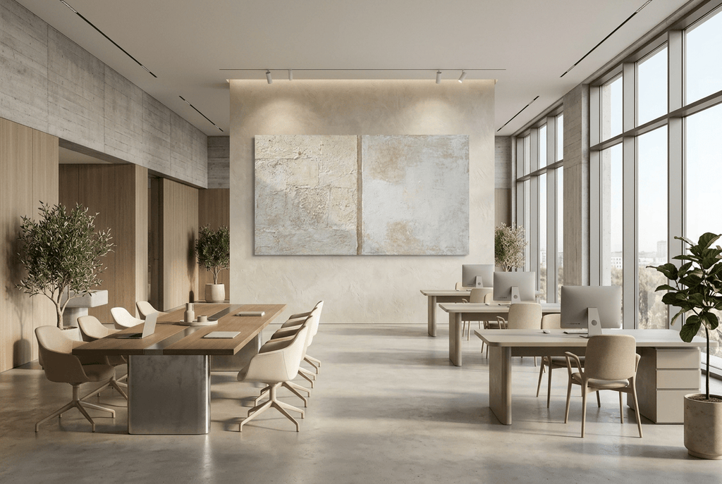Masonry Interval abstract artwork with granular cream and limestone blocks, a narrow vertical stone seam, and a pale grey chalk field in an open-plan office